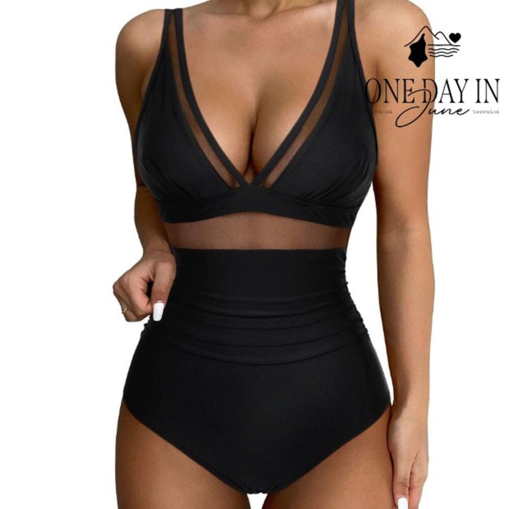 Suukess Mesh Cut Out Tummy Control One Piece Swimsuit Black NWT Size XL